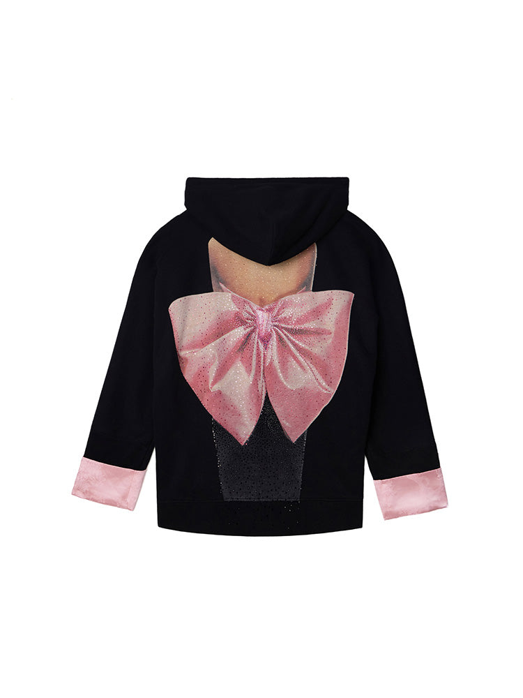 TCH Rhinestone Embroidered Bow Pearl Black Hoodies