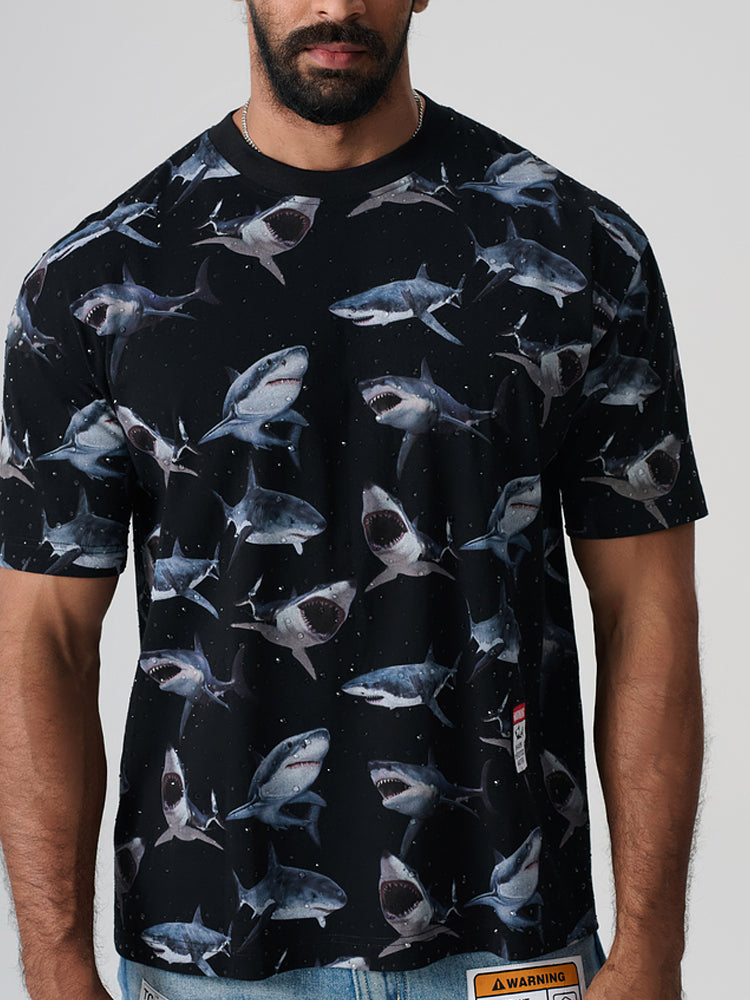 TCH Beach Rhinestone Shark Hawaiian T-Shirt