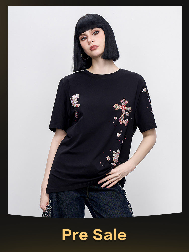 TCH Pre-Sale Rhinestone Flower Wing & Cross Letter Print T-Shirt