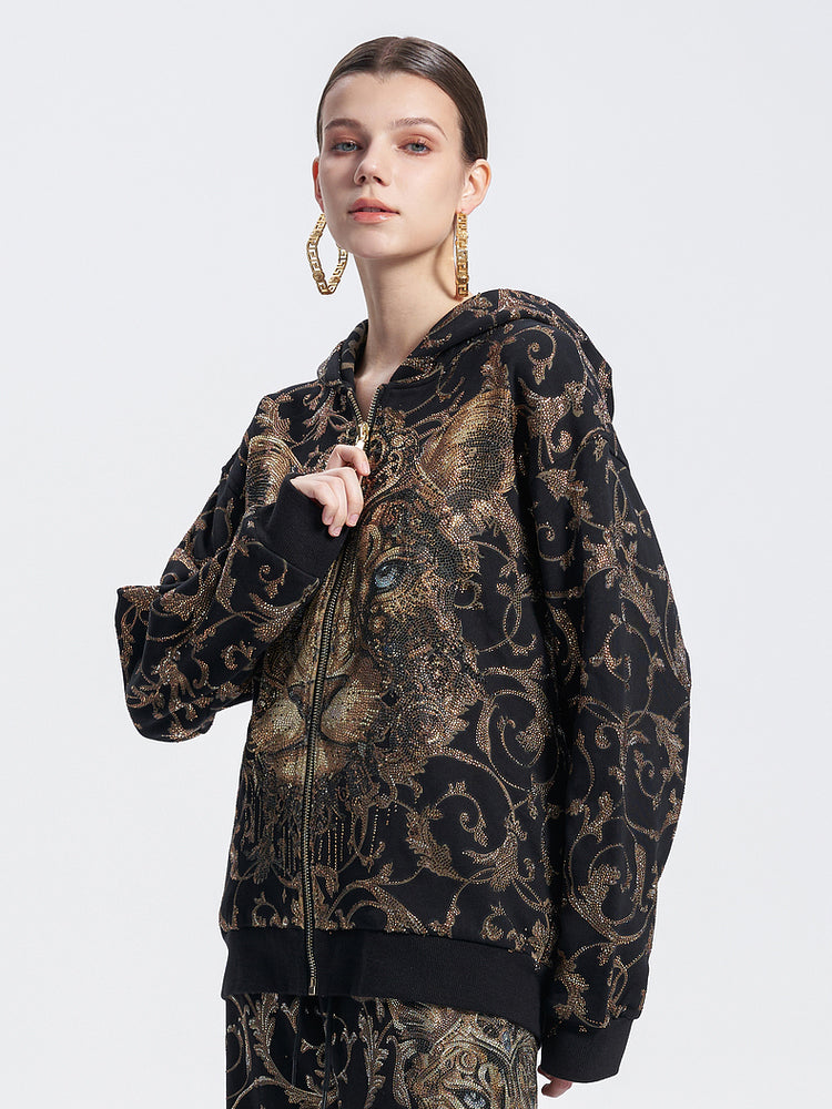 TCH Allover Leopard Print Rhinestone Zip Up Hoodie Set 2 Piece Suit