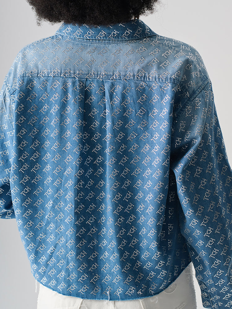 TCH Allover Logo Jacquard Rhinestone Denim Cropped Jacket