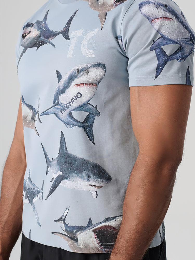 TCH Cotton Rhinestone Shark Hawaiian T-Shirt