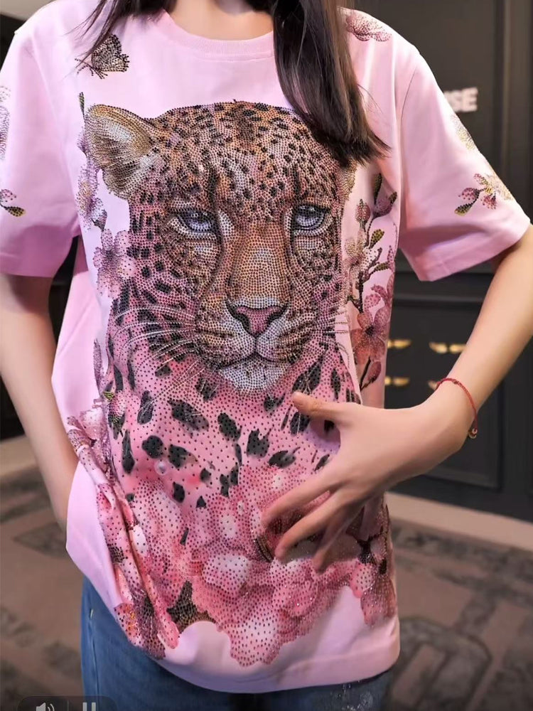 TCH Luxury Rhinestone Leopard Sparkle Flower Short Sleeve Top / Hoodie