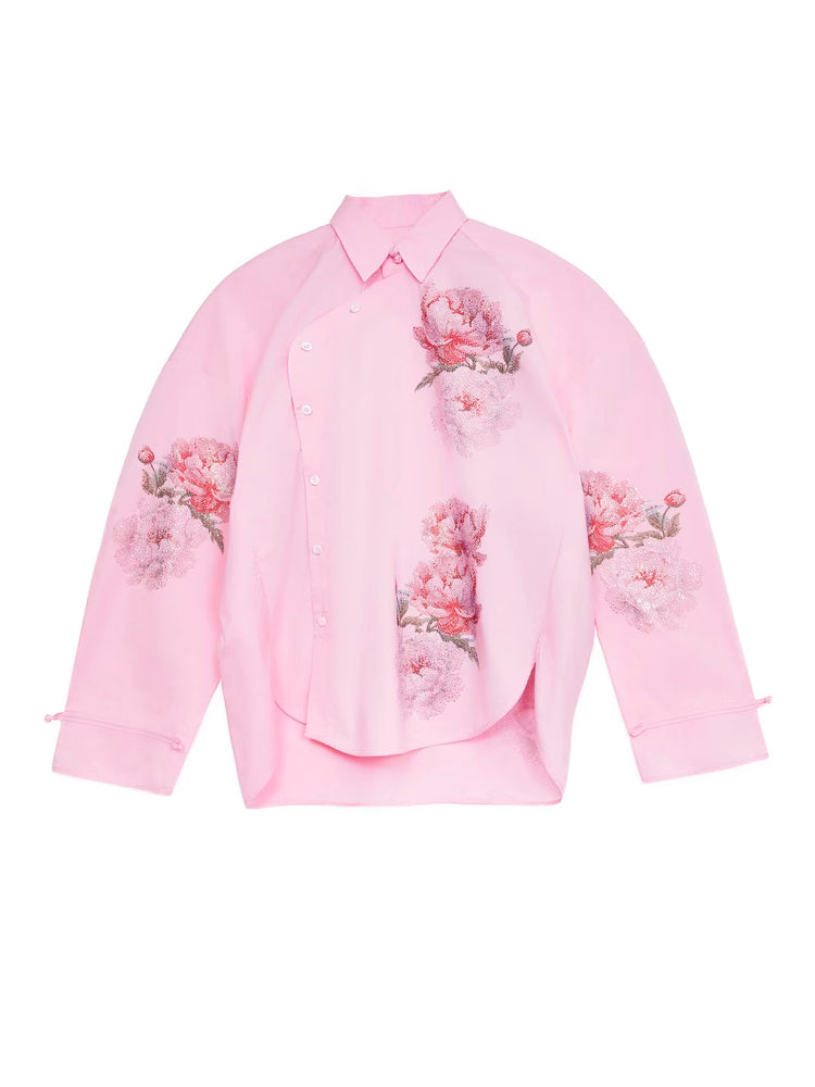 TCH Flower Rhinestone Button Down Asymmetry Shirt