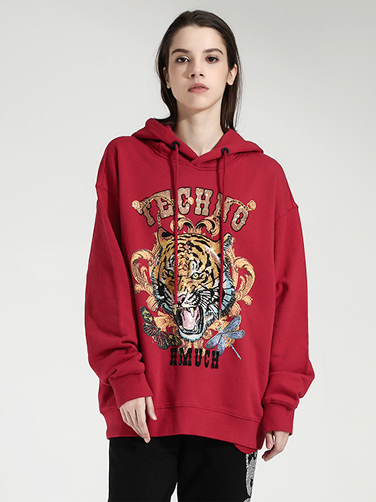 TCH Red Embroidered Rhinestone Tiger Head Hoodie