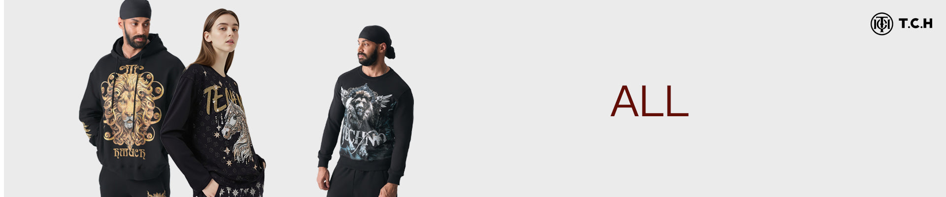 Three people wearing black hoodies with logos on a white background, featuring the brand 'TCN'.ALL