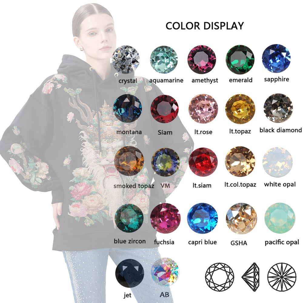 Person wearing a hoodie with gemstone color options displayed above.
