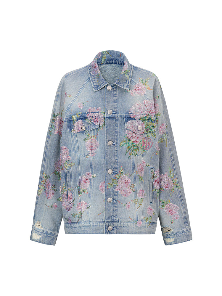 TCH Sparkling Floral Print Rhinestone Denim Jacket