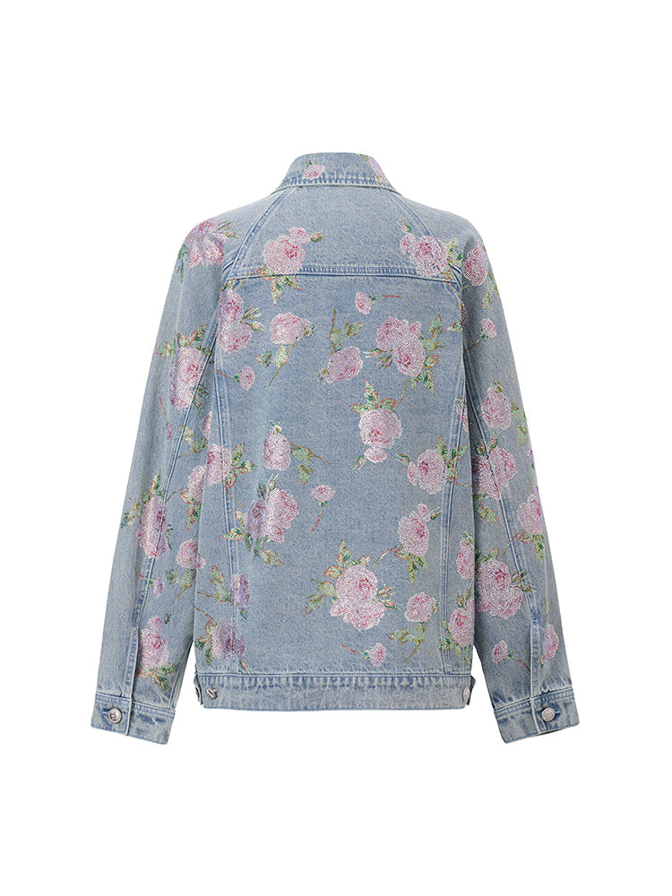 TCH Sparkling Floral Print Rhinestone Denim Jacket