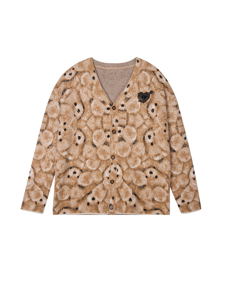 TCH Rhinestone Abstract Bear Fluffy Knit Cardigan