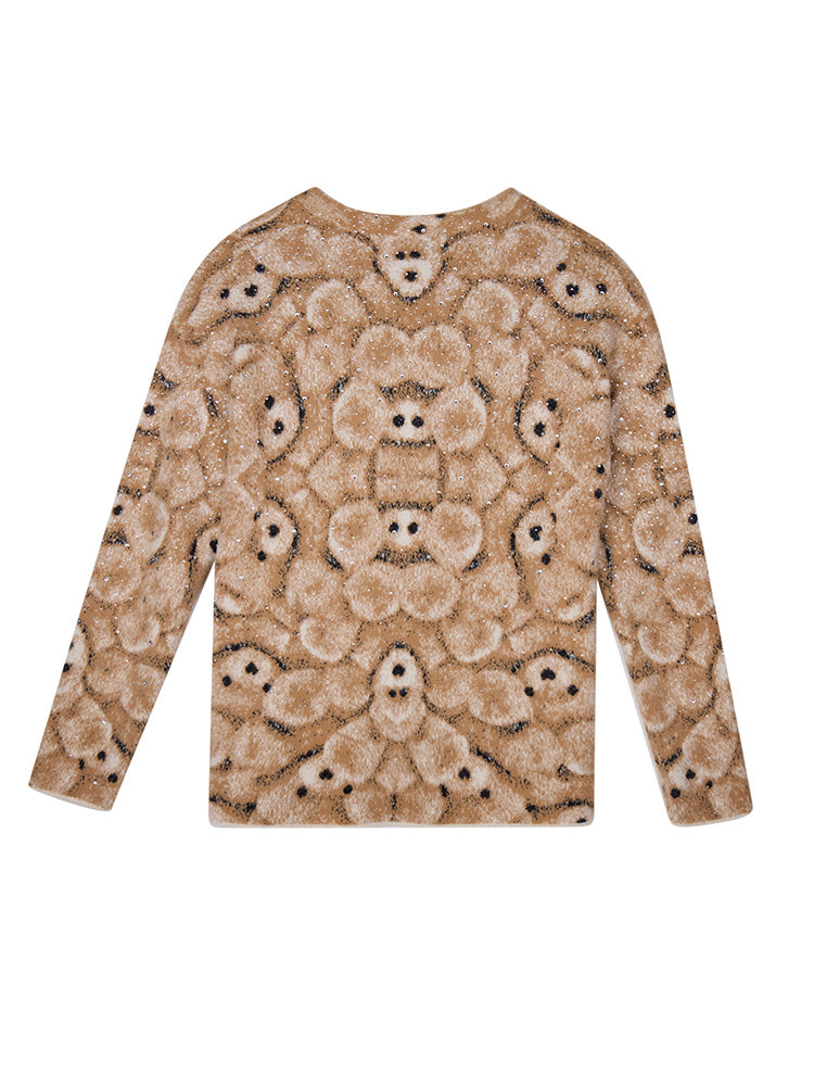 TCH Rhinestone Abstract Bear Fluffy Knit Cardigan
