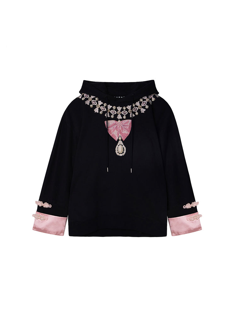 TCH Rhinestone Embroidered Bow Pearl Black Hoodies