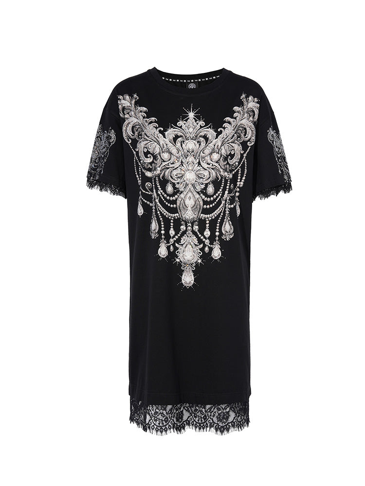 TCH Rhinestone Graphic Lace Contrast Midi Dress