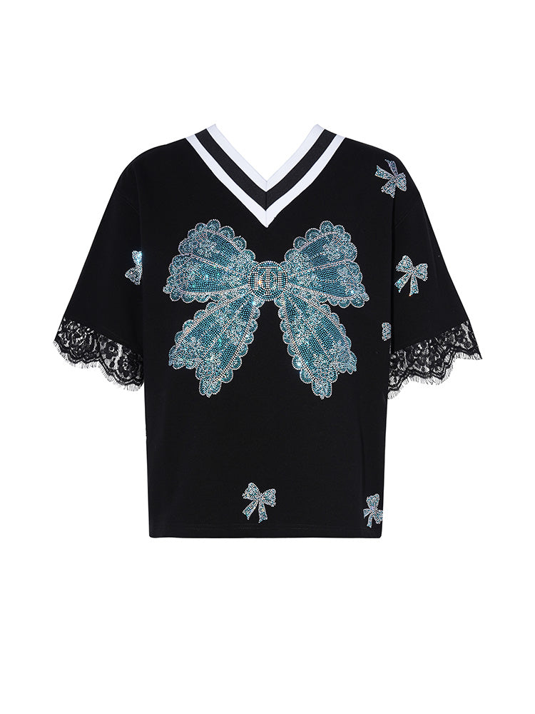 TCH Prasale Bow Rhinestone Lace Contrast Blouse