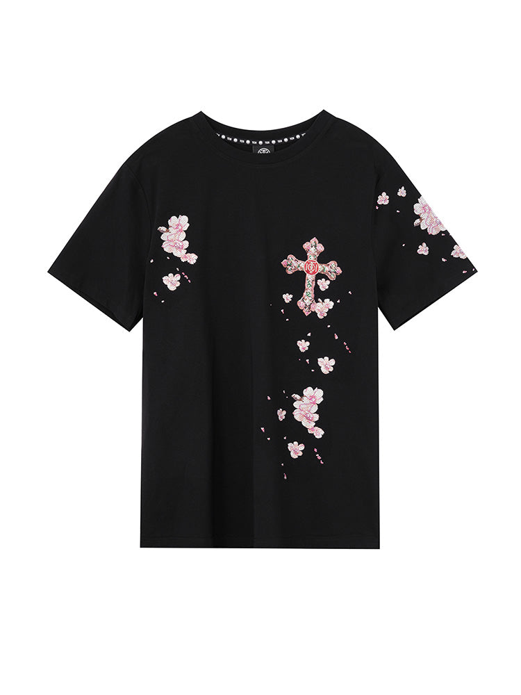 TCH Pre-Sale Rhinestone Flower Wing & Cross Letter Print T-Shirt