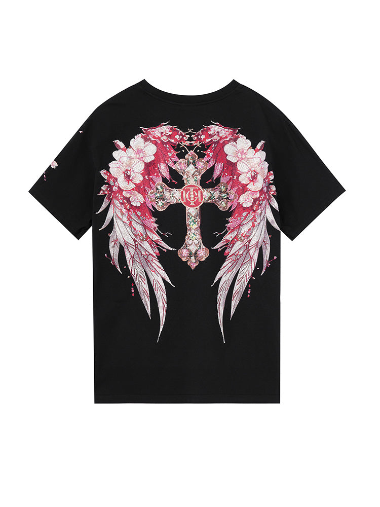 TCH Pre-Sale Rhinestone Flower Wing & Cross Letter Print T-Shirt