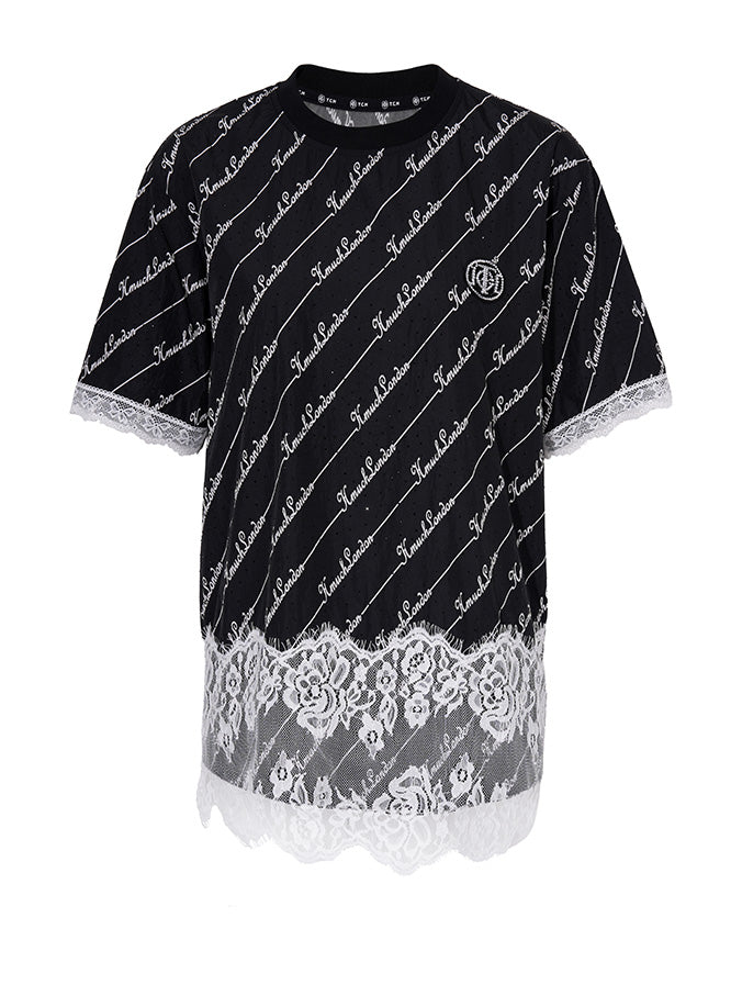 TCH Crystal-Logo Lace Contrast Black T-shirt Dress