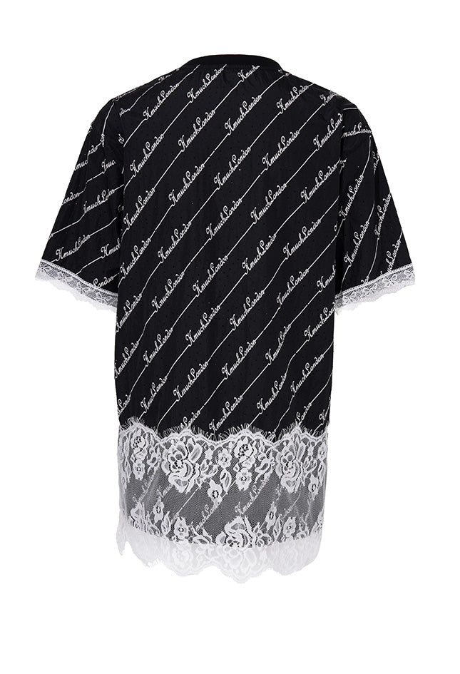 TCH Crystal-Logo Lace Contrast Black T-shirt Dress