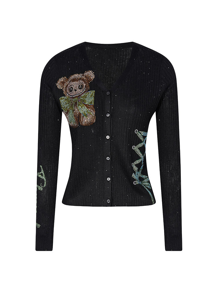 TCH Rhinestone LABUBU Button Sparkle Knit Cardigan