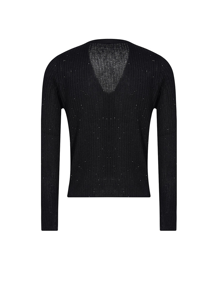 TCH Rhinestone LABUBU Button Sparkle Knit Cardigan