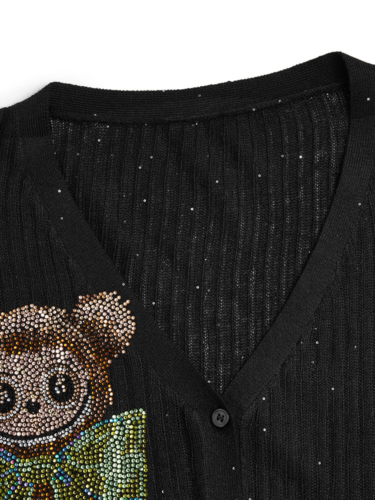 TCH Rhinestone LABUBU Button Sparkle Knit Cardigan
