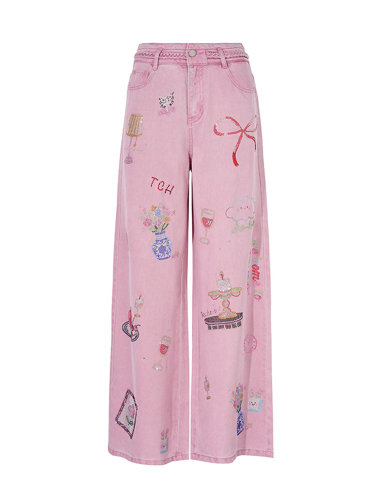 TCH Graphic Rhinestone Colorful Wide Leg Pants