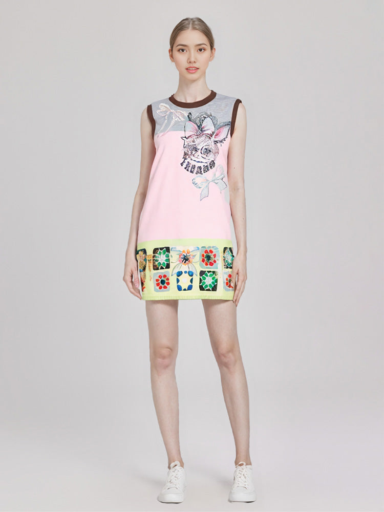 TCH Graphic Rhinestone Macaron Sleeveless Dress