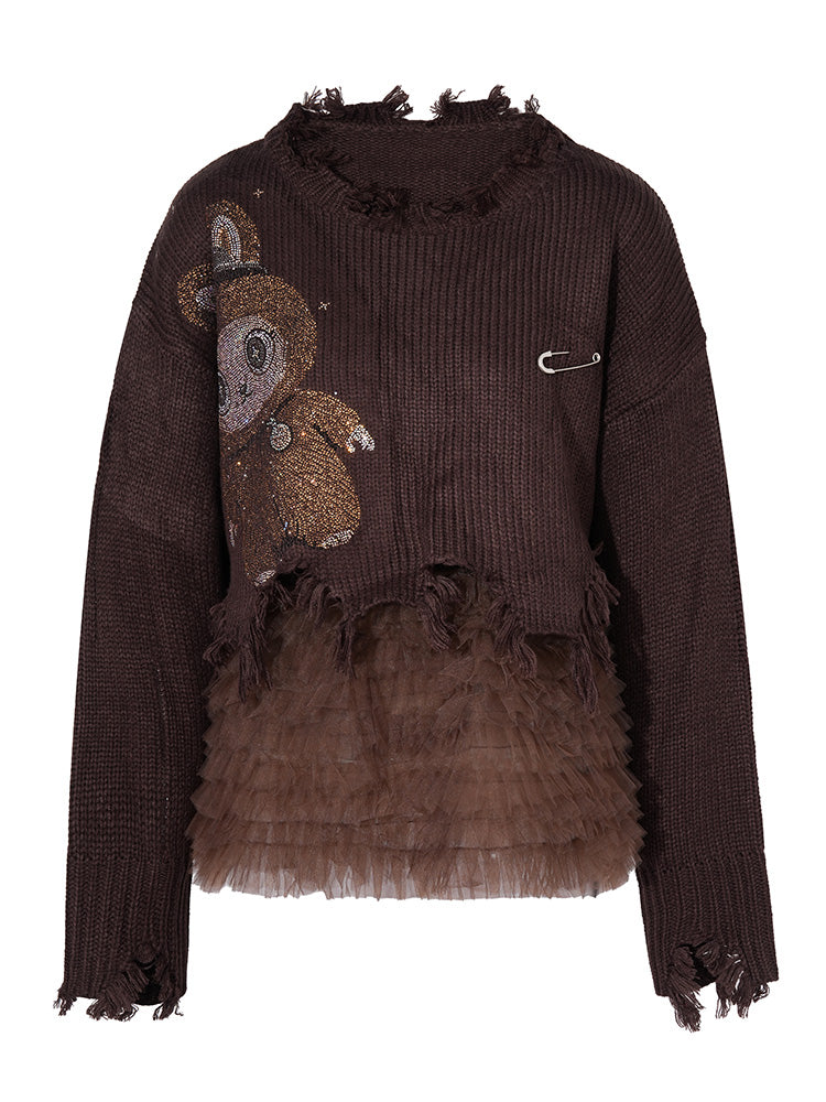 TCH LABUBU Rhinestone Mesh Contrast Sweater