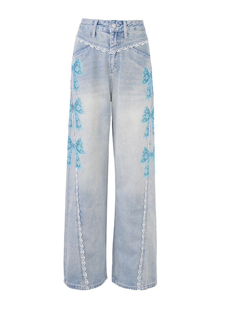 TCH Bow Print Rhinestone Wide Leg Jeans with Lace
