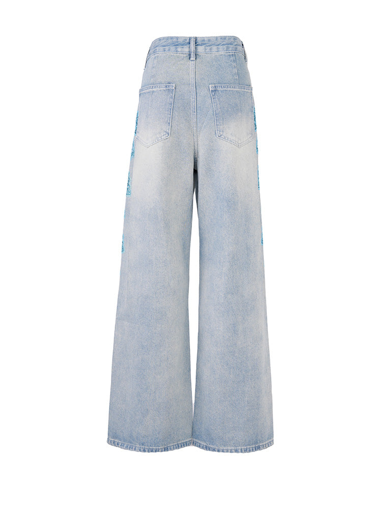 TCH Bow Print Rhinestone Wide Leg Jeans with Lace