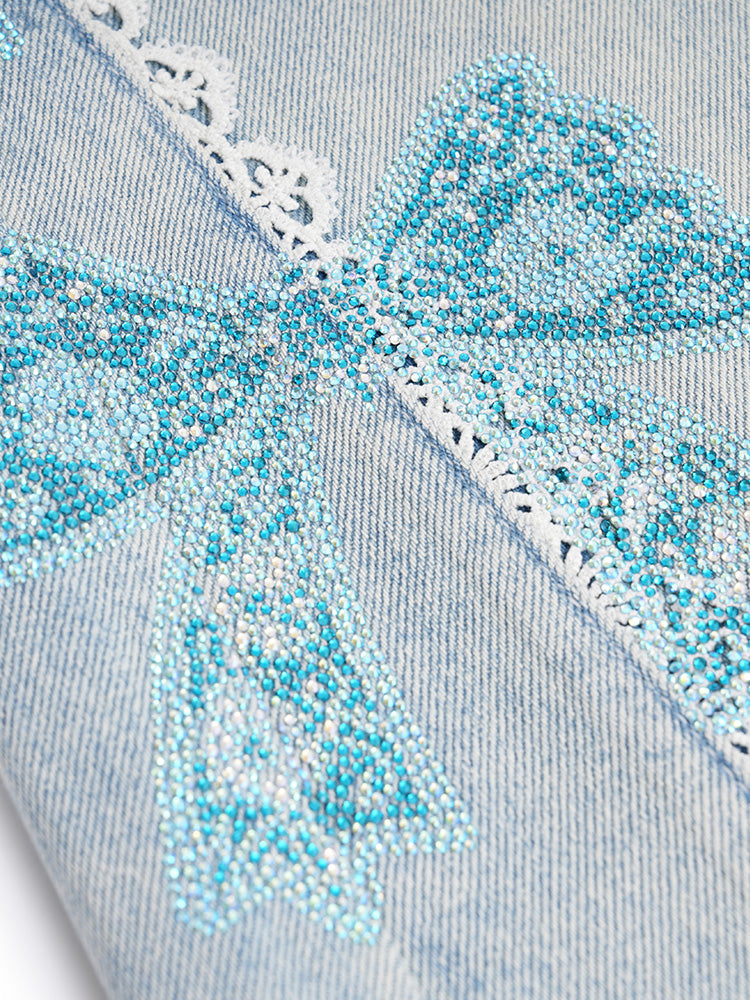 TCH Bow Print Rhinestone Wide Leg Jeans with Lace