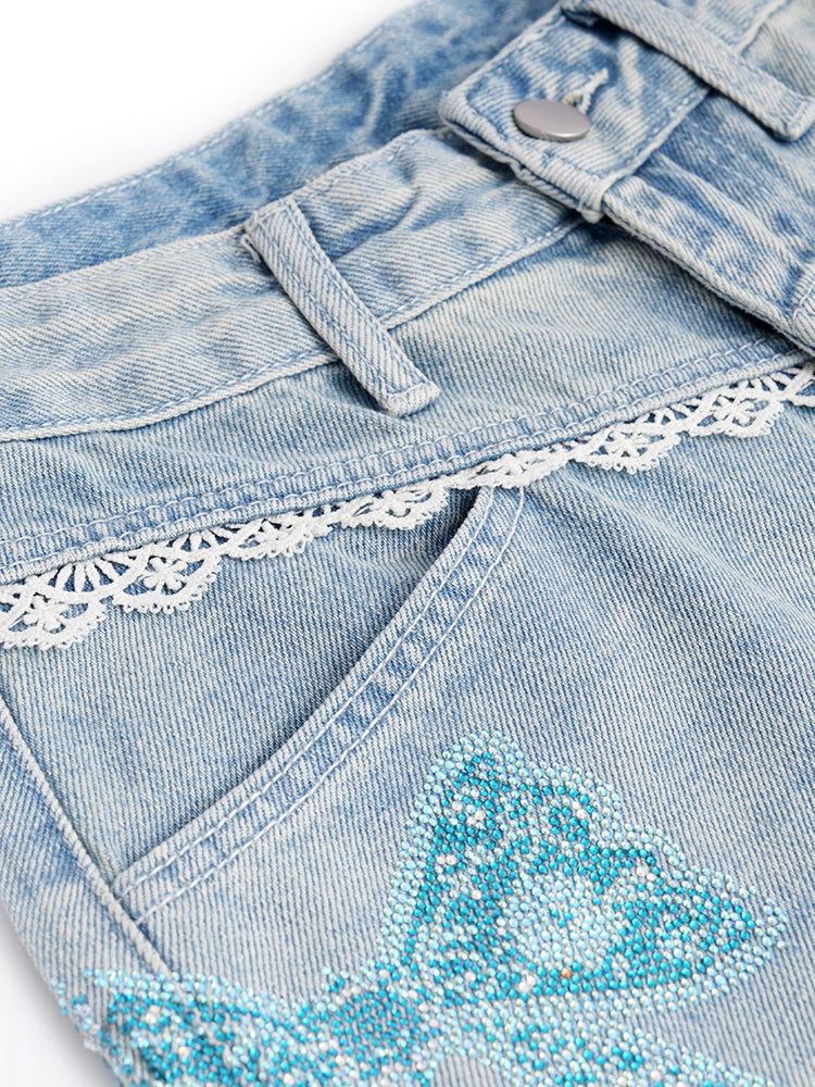 TCH Bow Print Rhinestone Wide Leg Jeans with Lace
