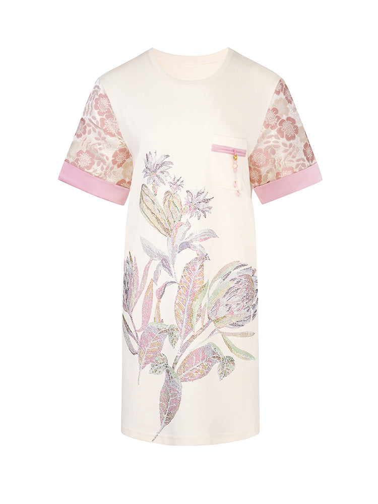 TCH Crystal-Embroidered Floral Midi Dress with Patch Sleeve