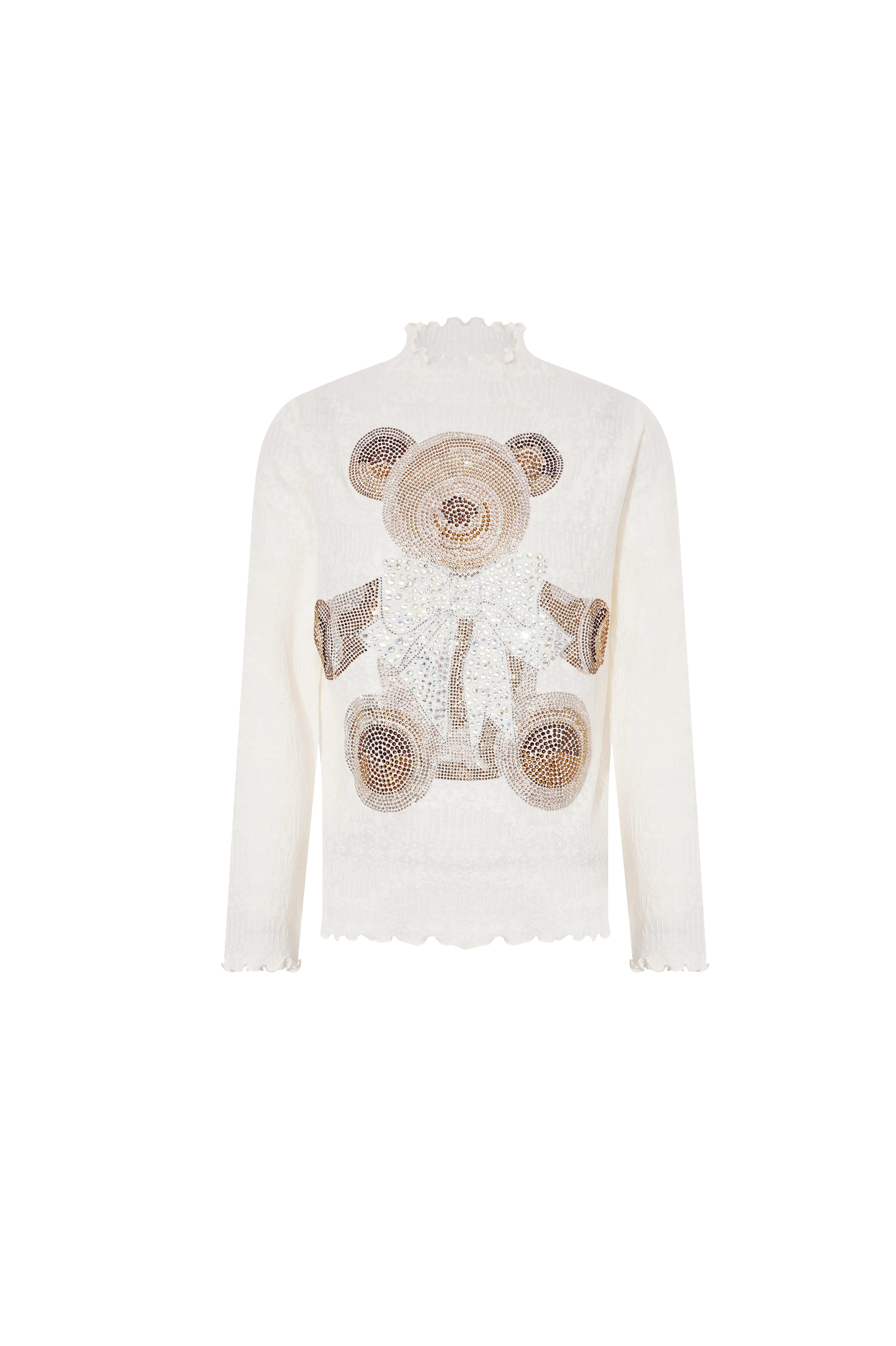 TCH Rhinestone Bow Teddy Bear White Turtleneck Top - L - US