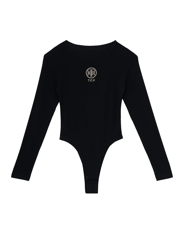 TCH Rhinestone Logo Long Sleeve Sexy Bodysuit