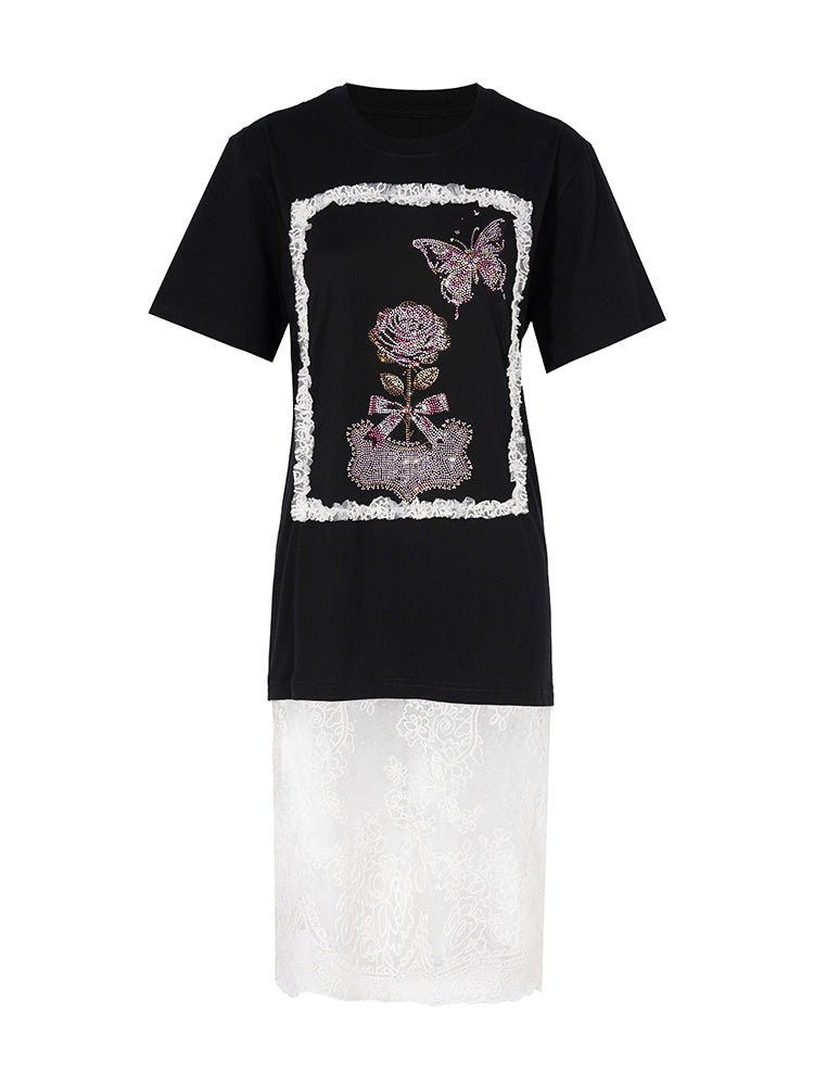 TCH Rhinestone Rose Lace Contrast T-Shirt Dress