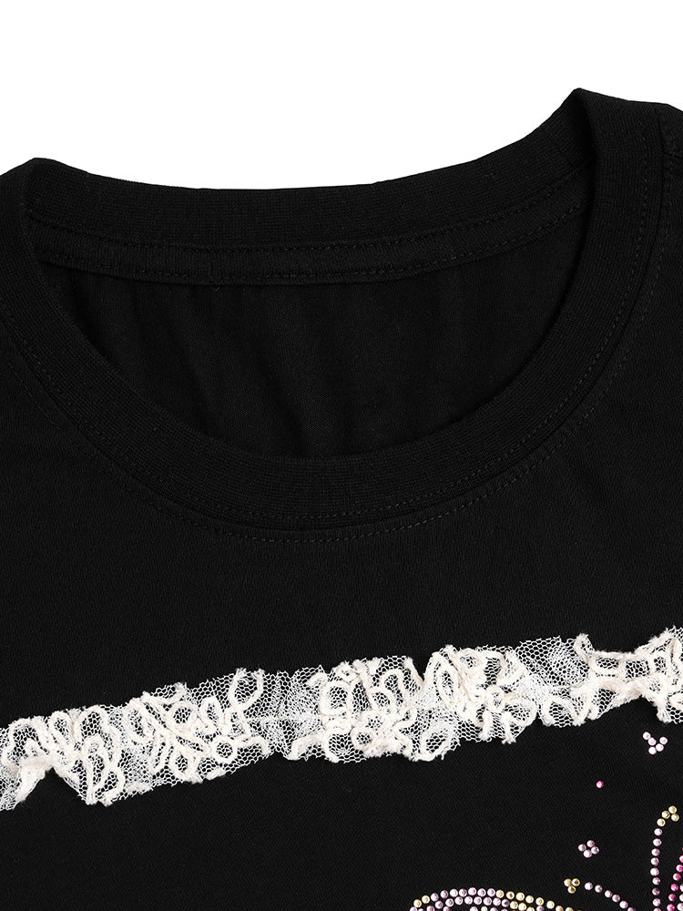 TCH Rhinestone Rose Lace Contrast T-Shirt Dress