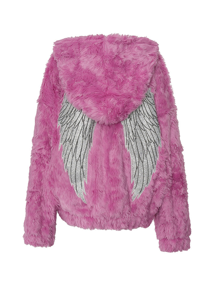 TCH Wings Rhinestone Faux Fleece Hoodie Coat