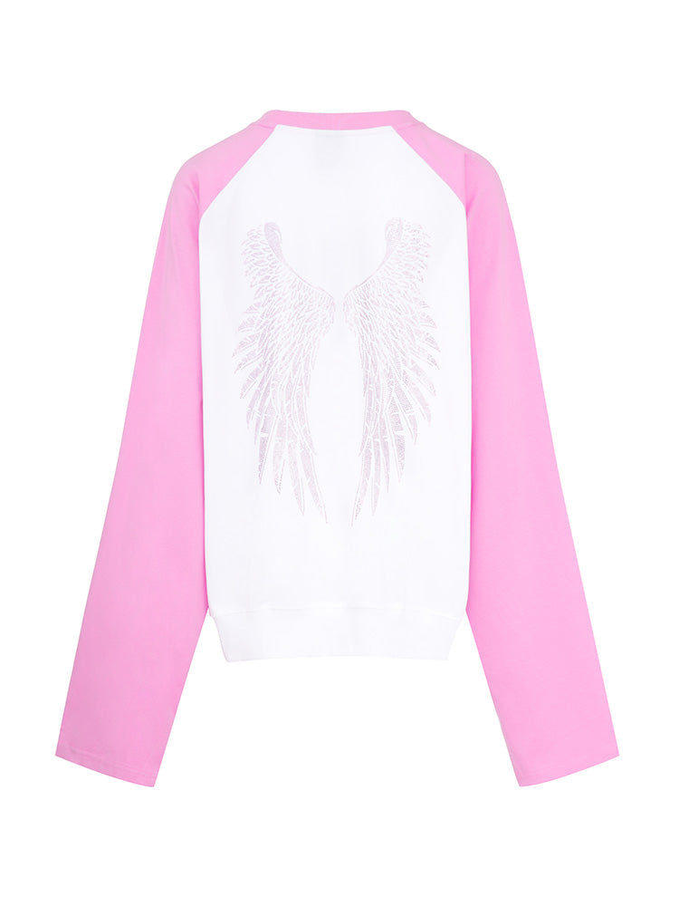 TCH Letter Rhinestone Patchwork Blouse with Angel Wings Style