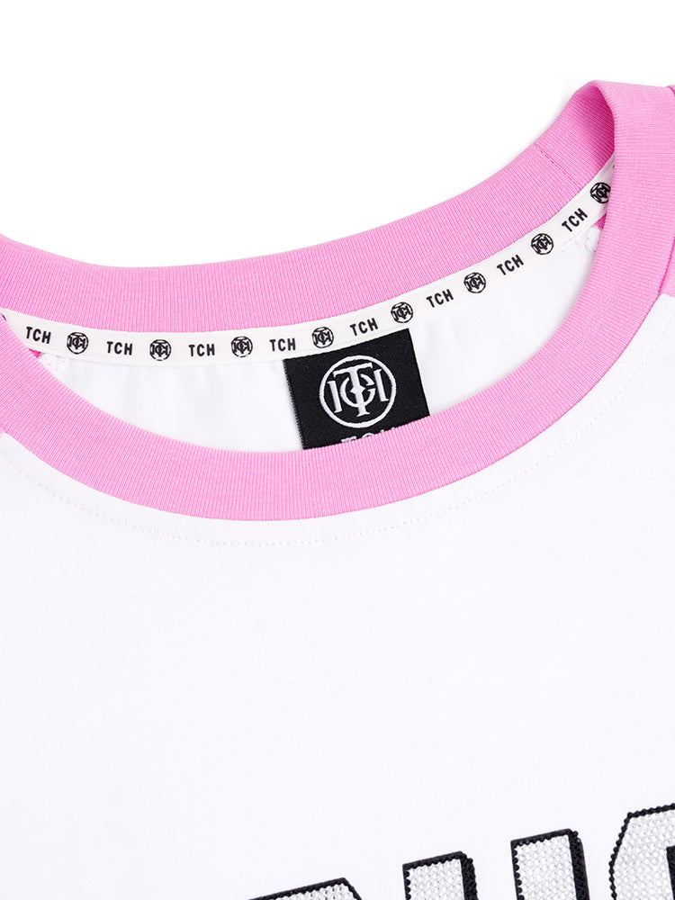 TCH Letter Rhinestone Patchwork Blouse with Angel Wings Style