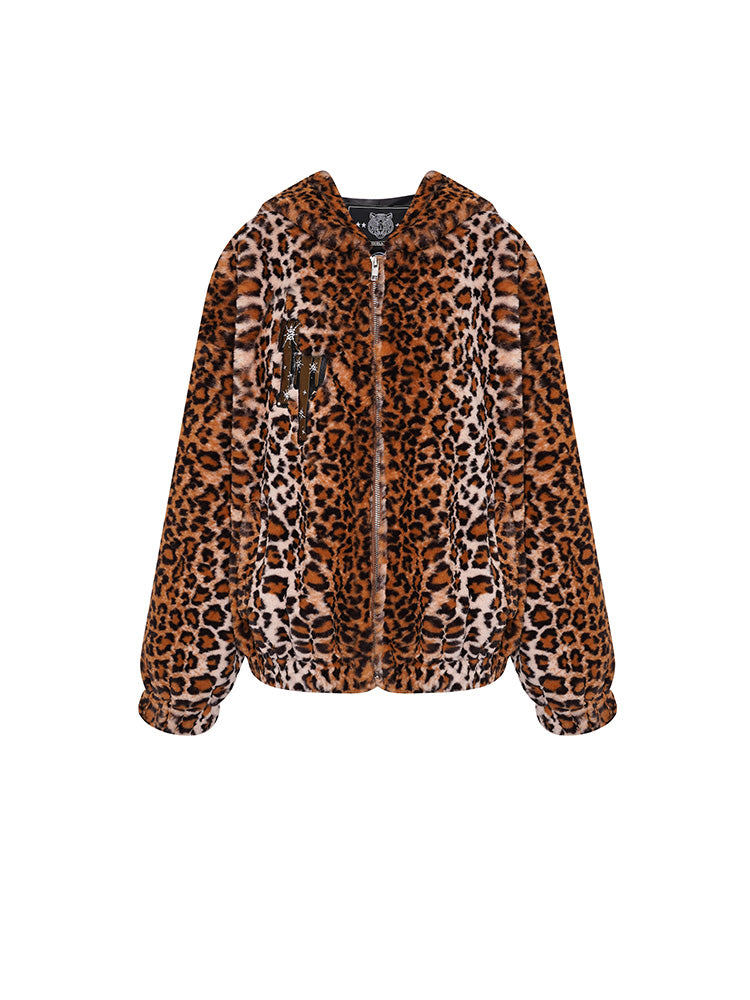 TCH Rhinestone Graphic Faux Fur Leopard Hoodie Coat