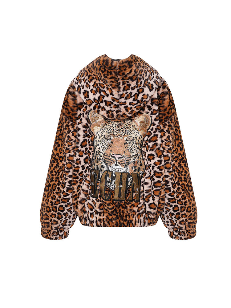 TCH Rhinestone Graphic Faux Fur Leopard Hoodie Coat