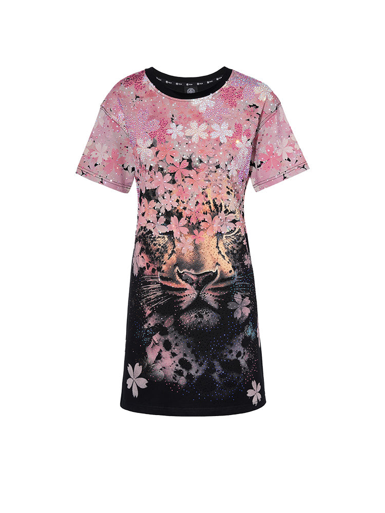 TCH Leopard Rhinestone Floral Print T Shirt Dress