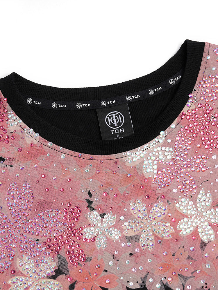 TCH Leopard Rhinestone Floral Print T Shirt Dress