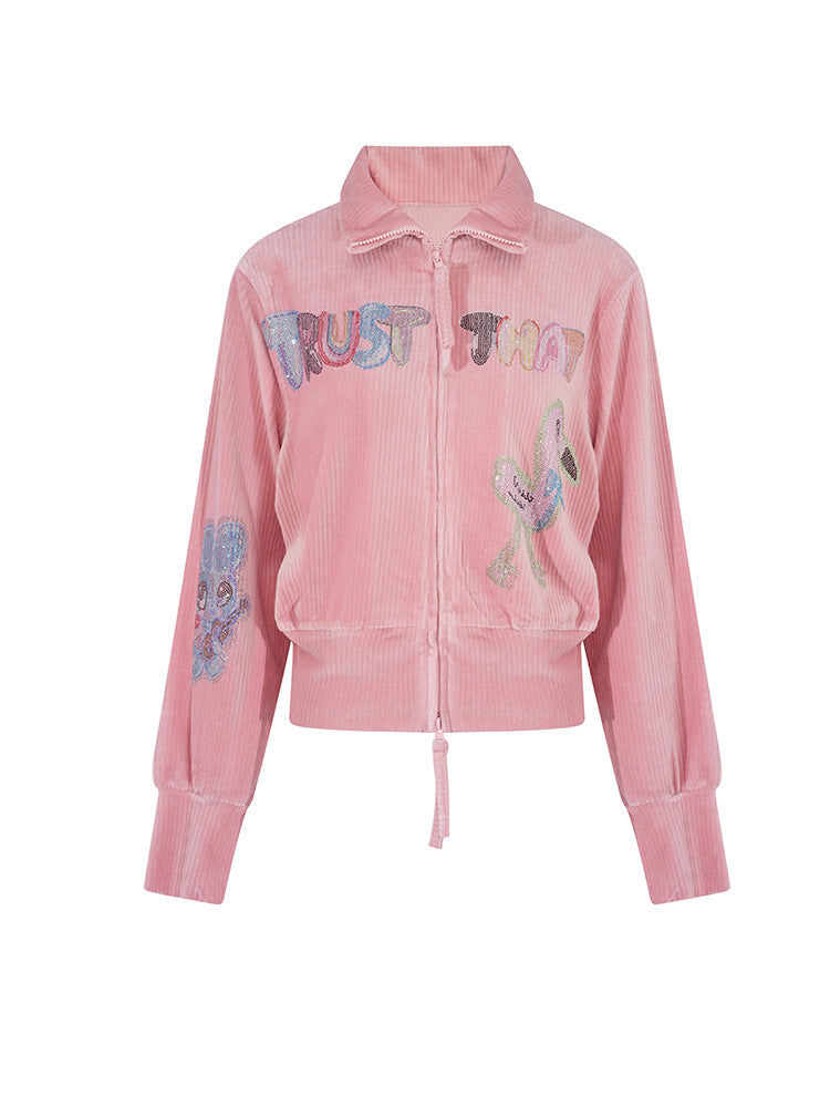 TCH Graphic Rhinestone Velvet 2 Piece Outfits Pink