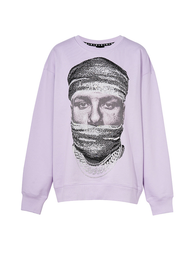 TCH Face Print Rhinestone Oversized Sweatshirt