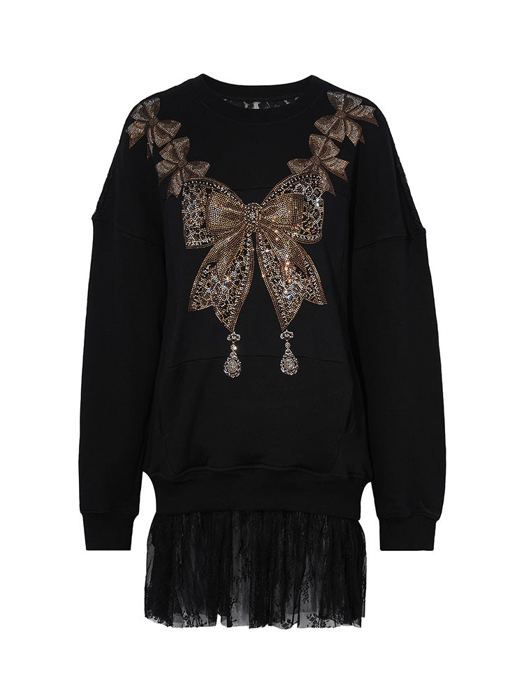 TCH Rhinestone Bow Mesh Short Dress with Lace Detail