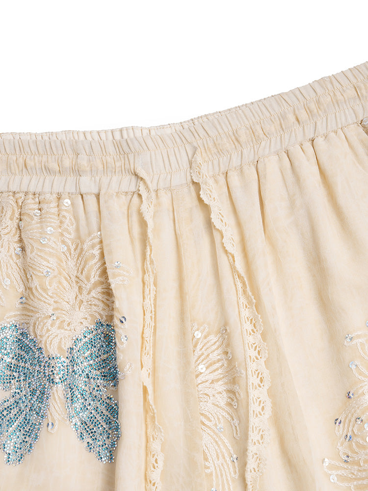 TCH Rhinestone Bow Floral Lace Palazzo Pants
