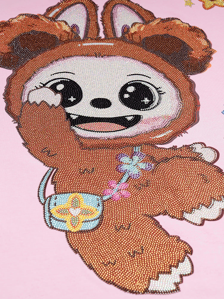 TCH Labubu Rhinestone Pink Bow Oversized Tee