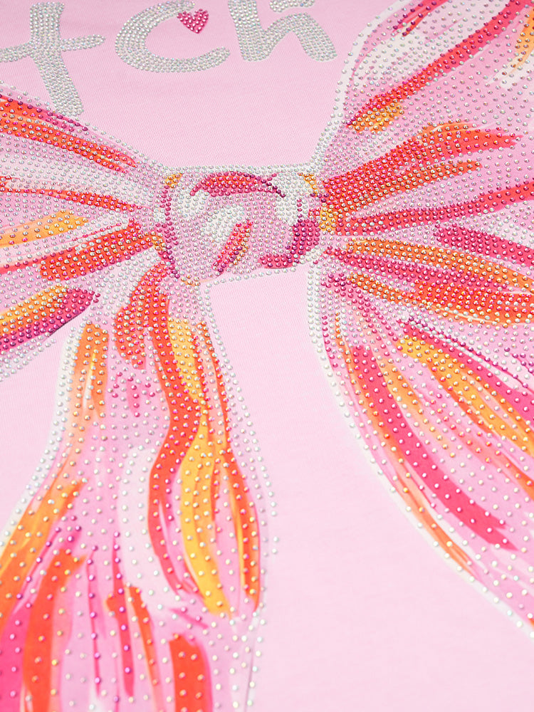 TCH Labubu Rhinestone Pink Bow Oversized Tee